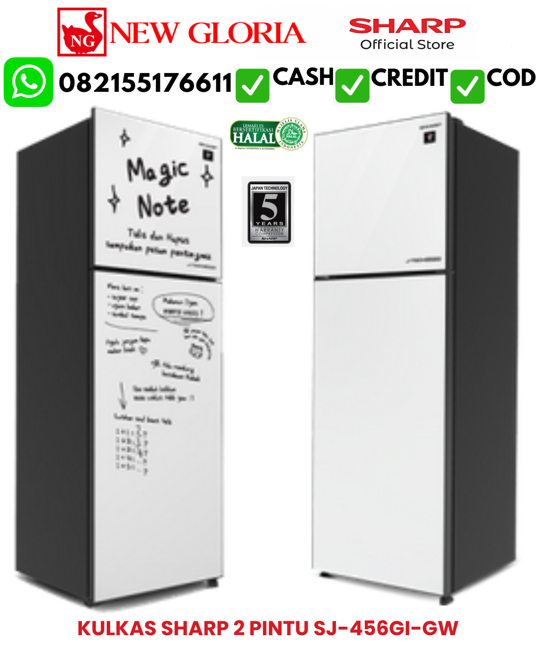 KULKAS SHARP 2 PINTU SJ-456GI-GW
