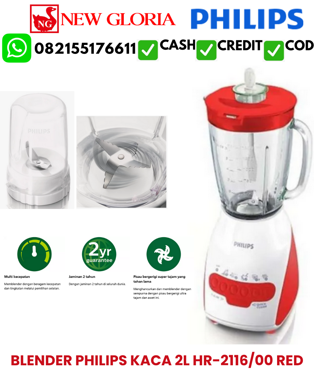 BLENDER PHILIPS KACA 2L HR-2116/00 RED