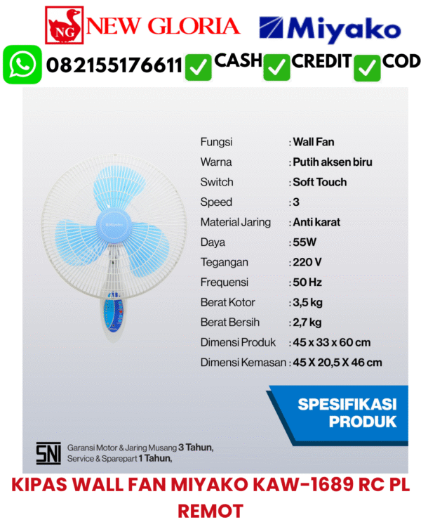 KIPAS WALL FAN MIYAKO KAW-1689 RC PL REMOT