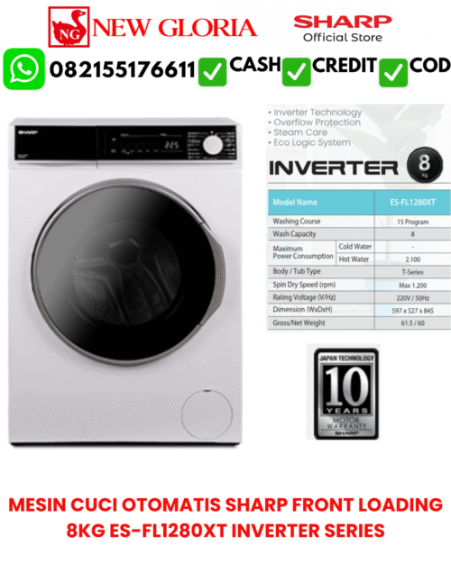 MESIN CUCI OTOMATIS SHARP FRONT LOADING 8KG ES-FL1280XT INVERTER SERIES