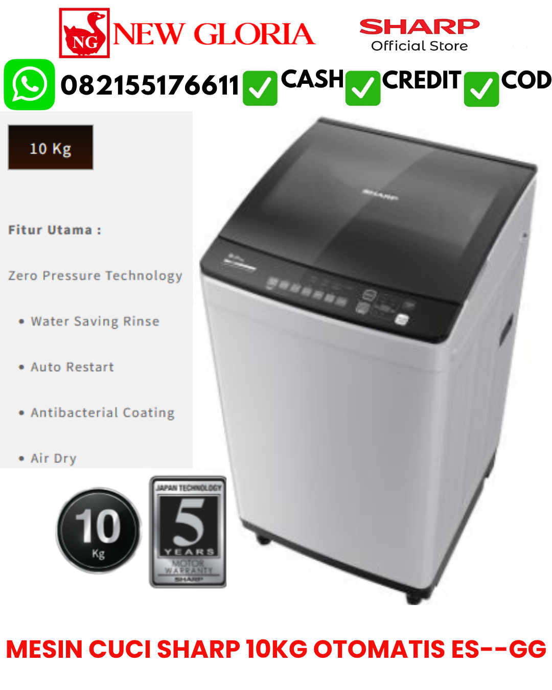 MESIN CUCI SHARP 10KG OTOMATIS ES-M1000T-GG