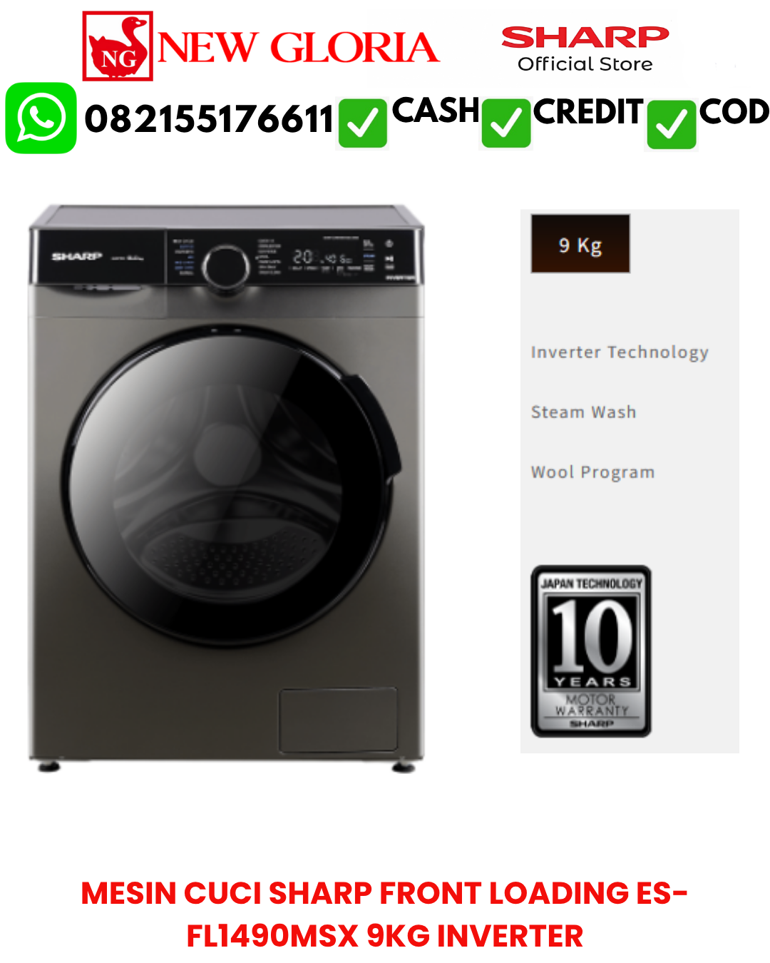MESIN CUCI SHARP FRONT LOADING ES-FL1490MSX 9KG INVERTER